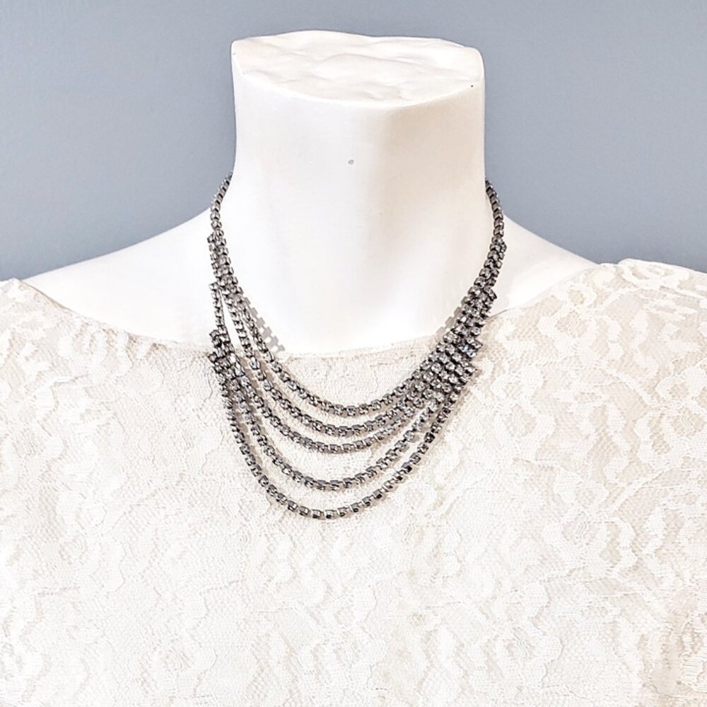 1960s True Vintage 5 Strand Clear Rhinestone Choker Drop Bib Necklace